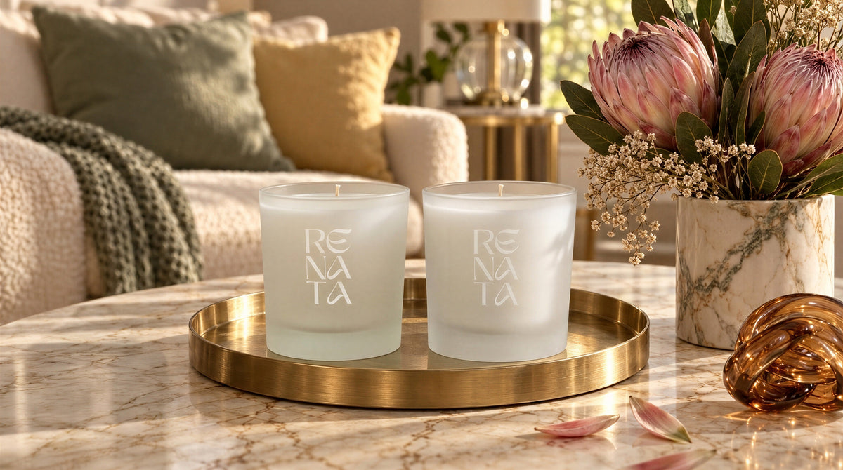 Two frosted glass candles with etched 'RE NANTA' branding sit on a round gold tray on a marble table, with a sofa and flowers in the softly blurred background.